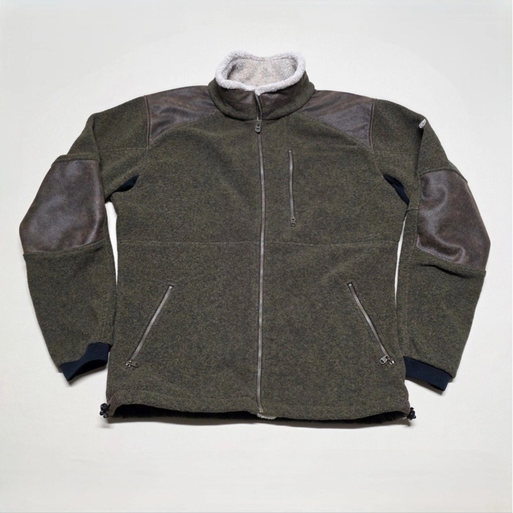 KUHL Men Revel Full Zip Fleece Jacket Brown Leather Patches Size Large Reg Fit